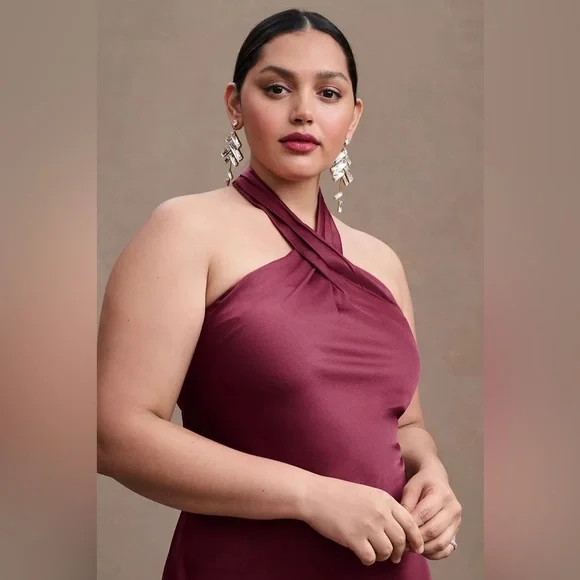 SOLD BHLDN NWT Ruby Twist Halter Satin Gown Plus Size 22 Dark Berry Bridesmaid - Picture 3 of 16